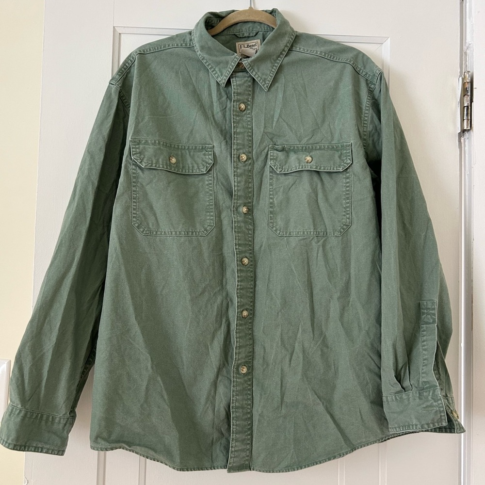 LL Bean Shirt Men’s Size Large Sunwashed Canvas Traditional Fit Green Work